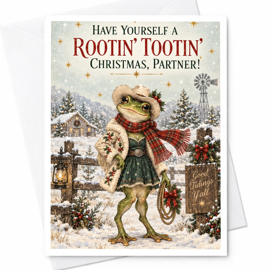 Have Yourself A Rootin' Tootin' Christmas, Partner! Funny Christmas Card Frog In Festive Attire Holiday Greeting Card For Friends C8675