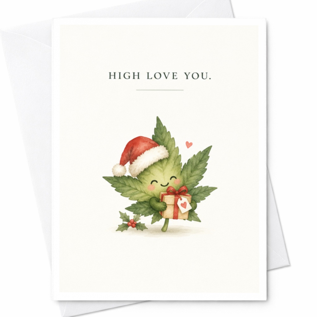 High Love You Christmas Card Cute Leaf Santa Hat Holiday Greeting Card Funny Cannabis Lover Xmas Card For Friend C8680