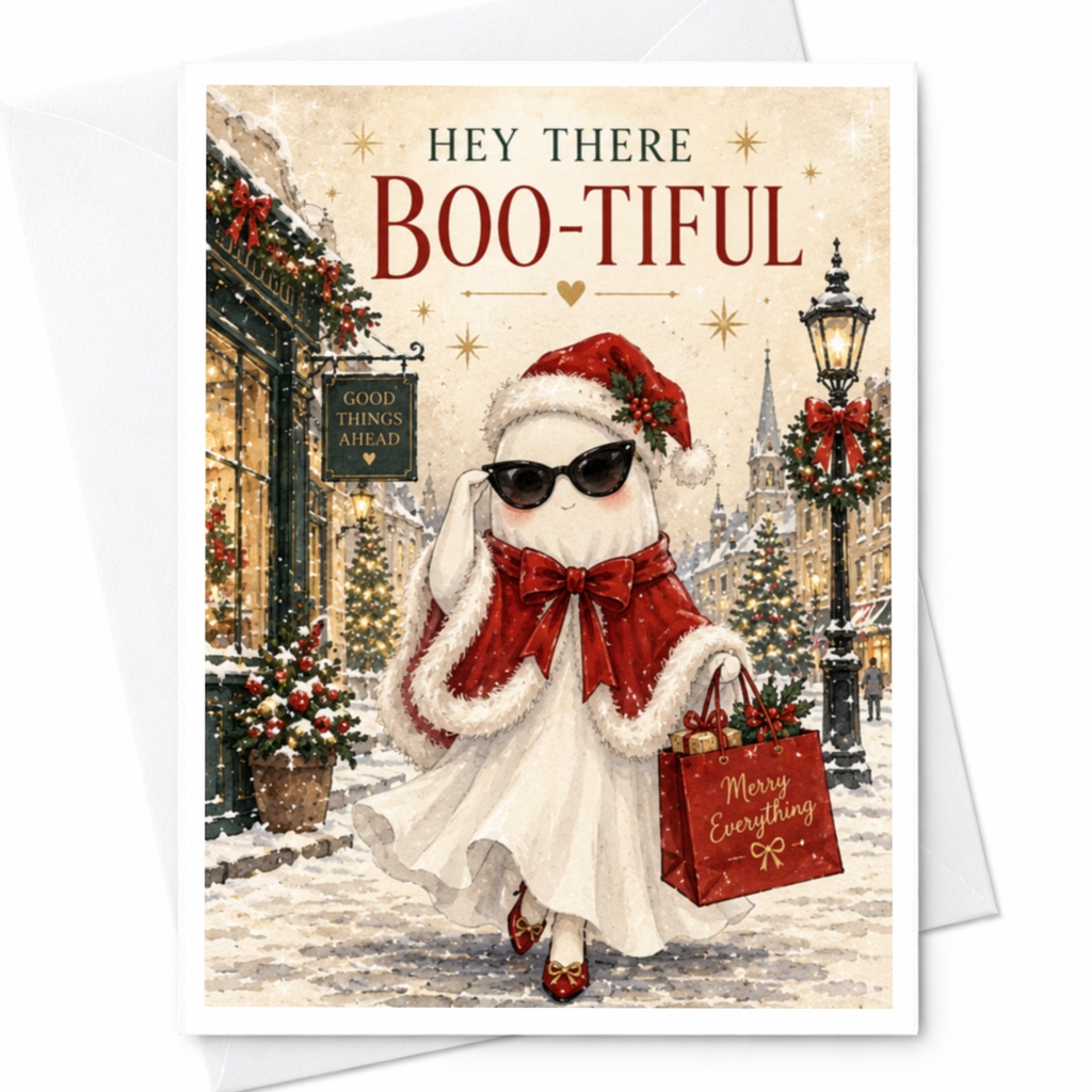 Hey There Boo-Tiful Christmas Card Cute Ghost In Festive Attire Holiday Greeting Card Funny Seasonal Card For Her C8616