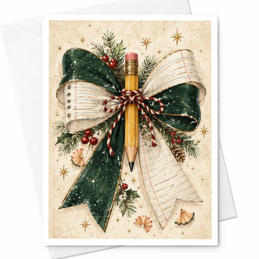 Festive Pencil And Bow Blank Greeting Card Holiday Stationery Christmas Card For Teacher Artistic C8618