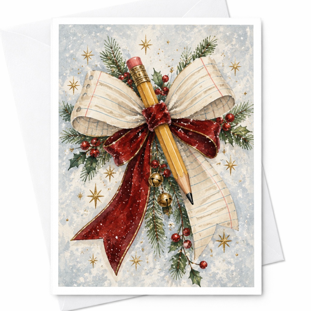 Pencil And Bow Christmas Card Festive Holiday Greeting Card With Holly And Bells Winter Stationery Art For Teacher C8619