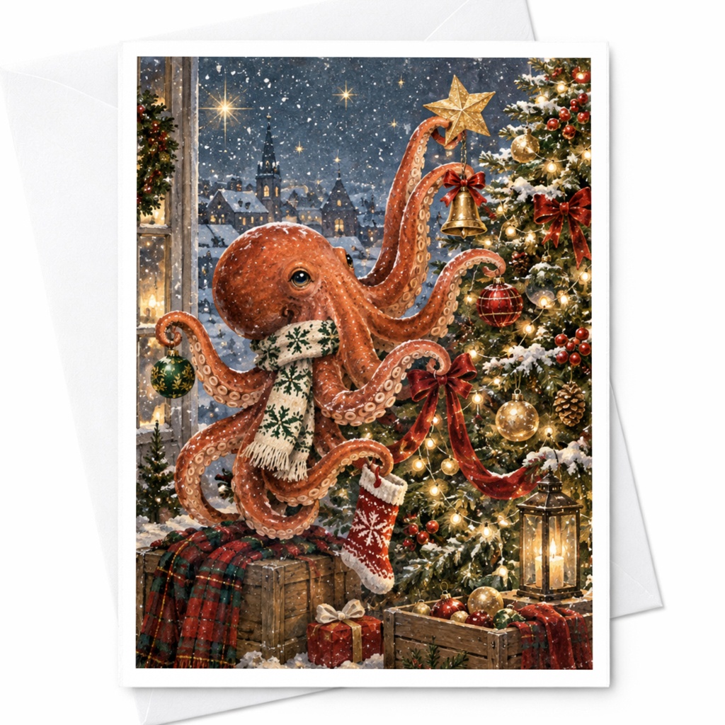 Octopus Decorating Christmas Tree Card Festive Holiday Greeting Card Cute Animal Christmas Card For Ocean Lover Winter Scene C8623