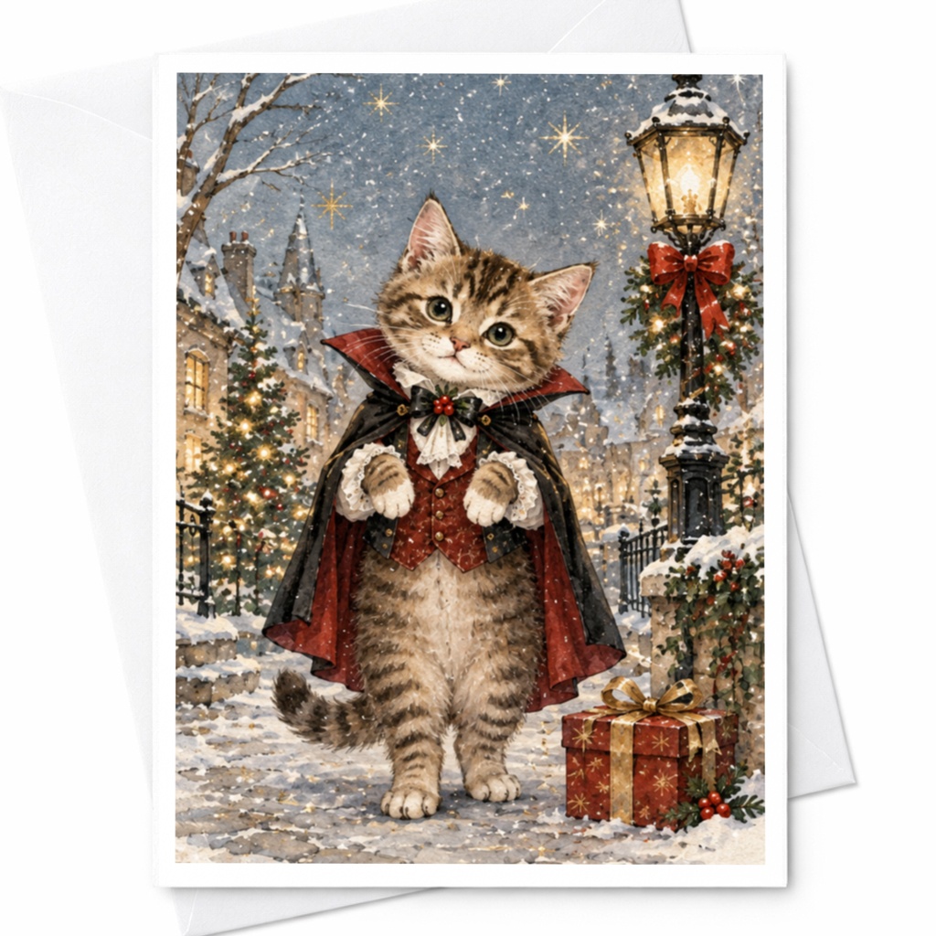 Festive Cat Christmas Card Cute Holiday Greeting Card For Cat Lover Winter Scene Adorable Animal Card With Gift C8627