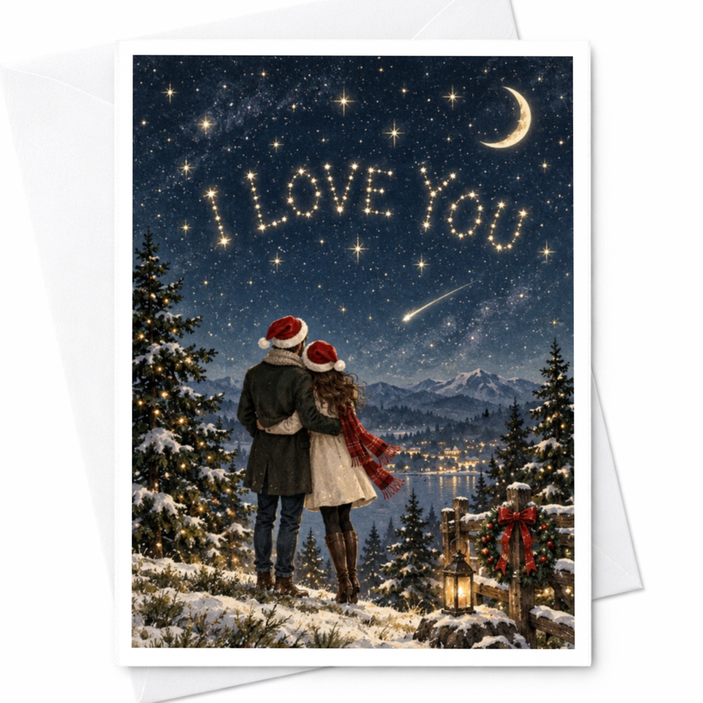 I Love You Christmas Love Card Romantic Winter Scene Couple Under Stars Holiday Greeting Card For Partner Wife Husband C8629