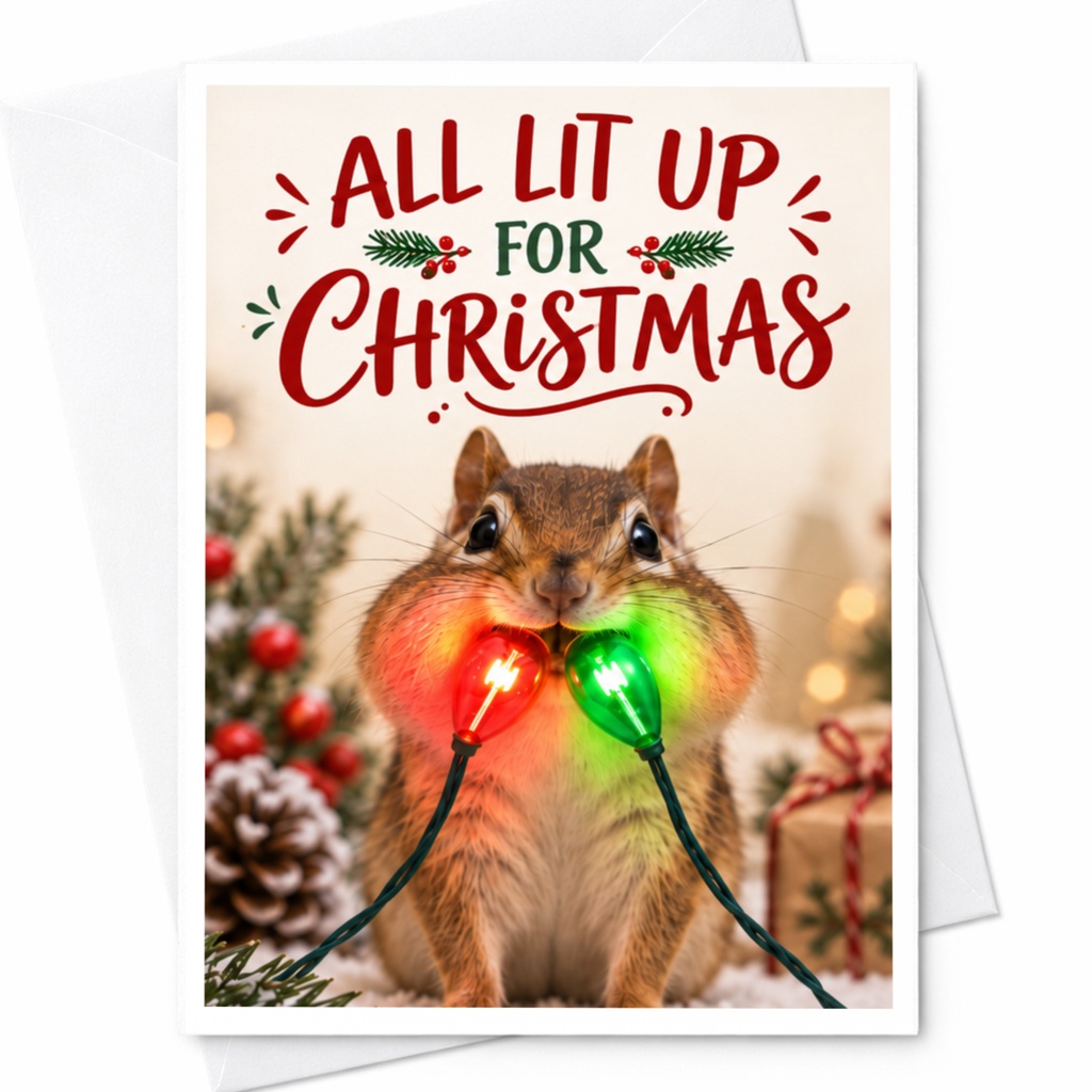 All Lit Up For Christmas Funny Christmas Card Cute Squirrel Holiday Greeting Card Animal Lover Festive Lights Xmas Card C8632