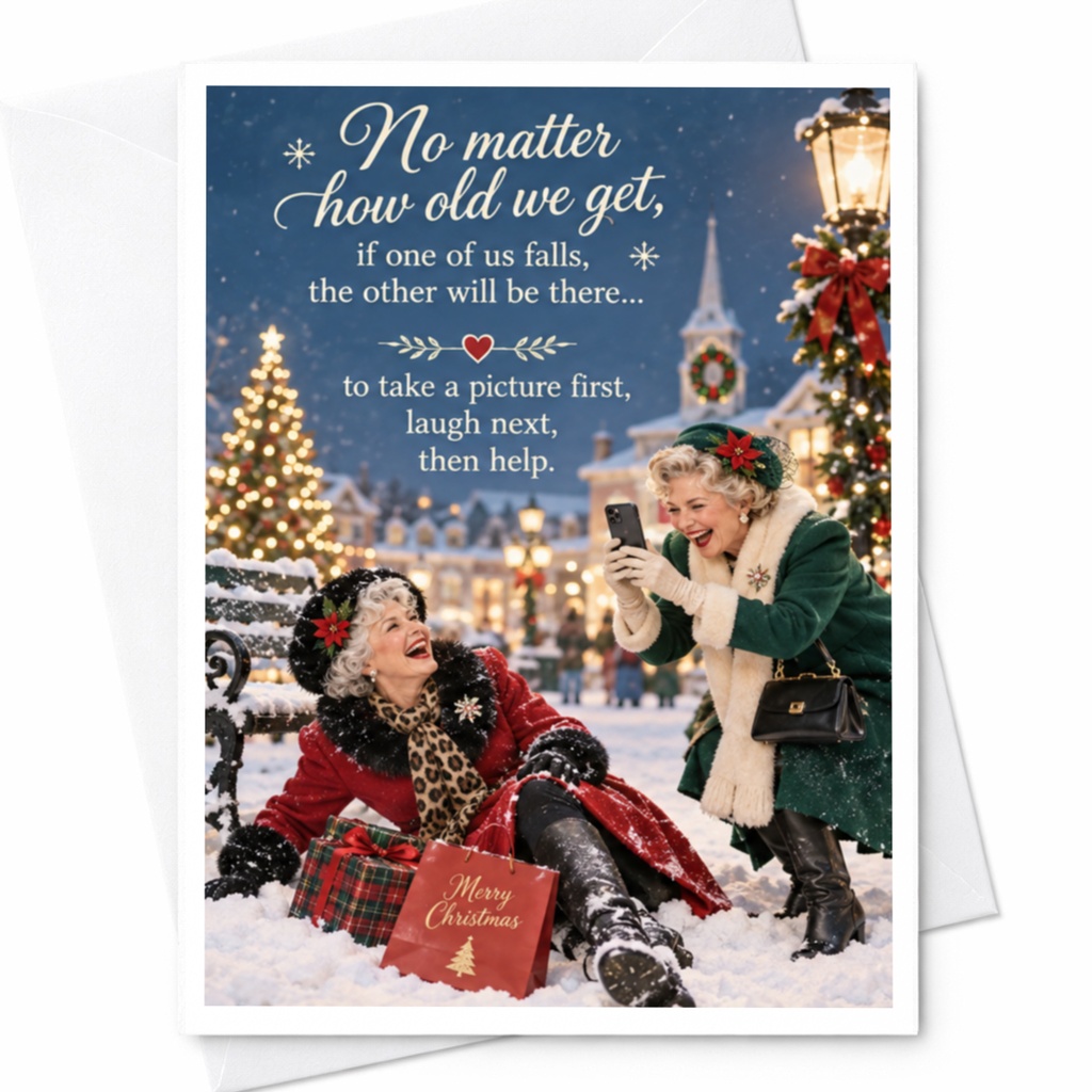 No Matter How Old We Get Christmas Card Funny Holiday Greeting Card For Friend Festive Card With Two Women C8635