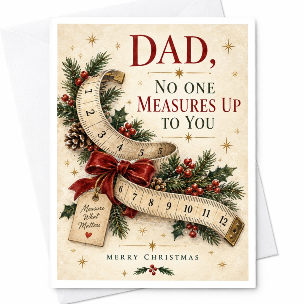 Dad, No One Measures Up To You Christmas Card For Dad Holiday Greeting Card Festive With Measuring Tape And Pine C8638