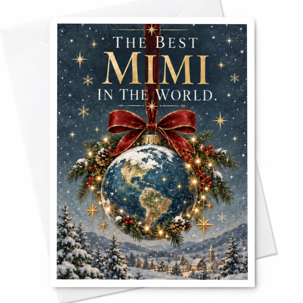 The Best Mimi In The World Christmas Card Festive Holiday Greeting Card For Grandma Cute Winter Scene With Globe Ornament C8641
