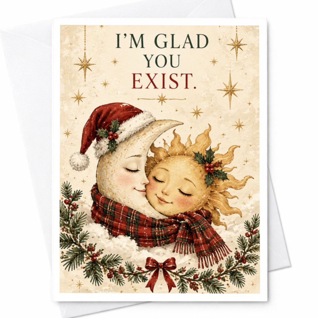 I'm Glad You Exist. Christmas Card Moon And Sun Holiday Greeting Card Cute Winter Card For Her Romantic Seasonal Card C8644