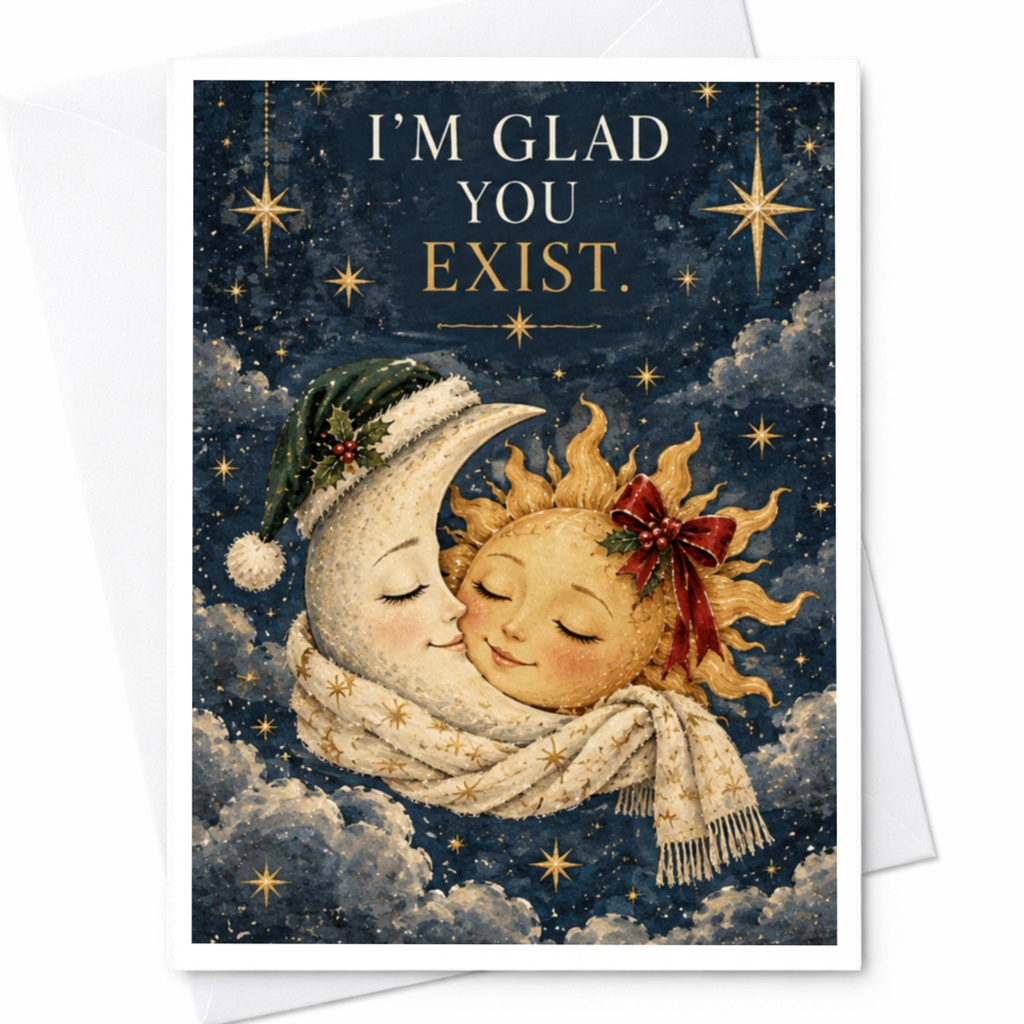 I'm Glad You Exist. Cute Moon And Sun Greeting Card Romantic Everyday Card For Her Him Love Card Celestial Art C8645