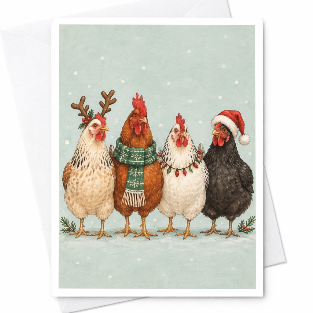 Festive Chickens Christmas Card Cute Holiday Greeting Card For Animal Lover Funny Farm Animal Card With Santa Hat C8647
