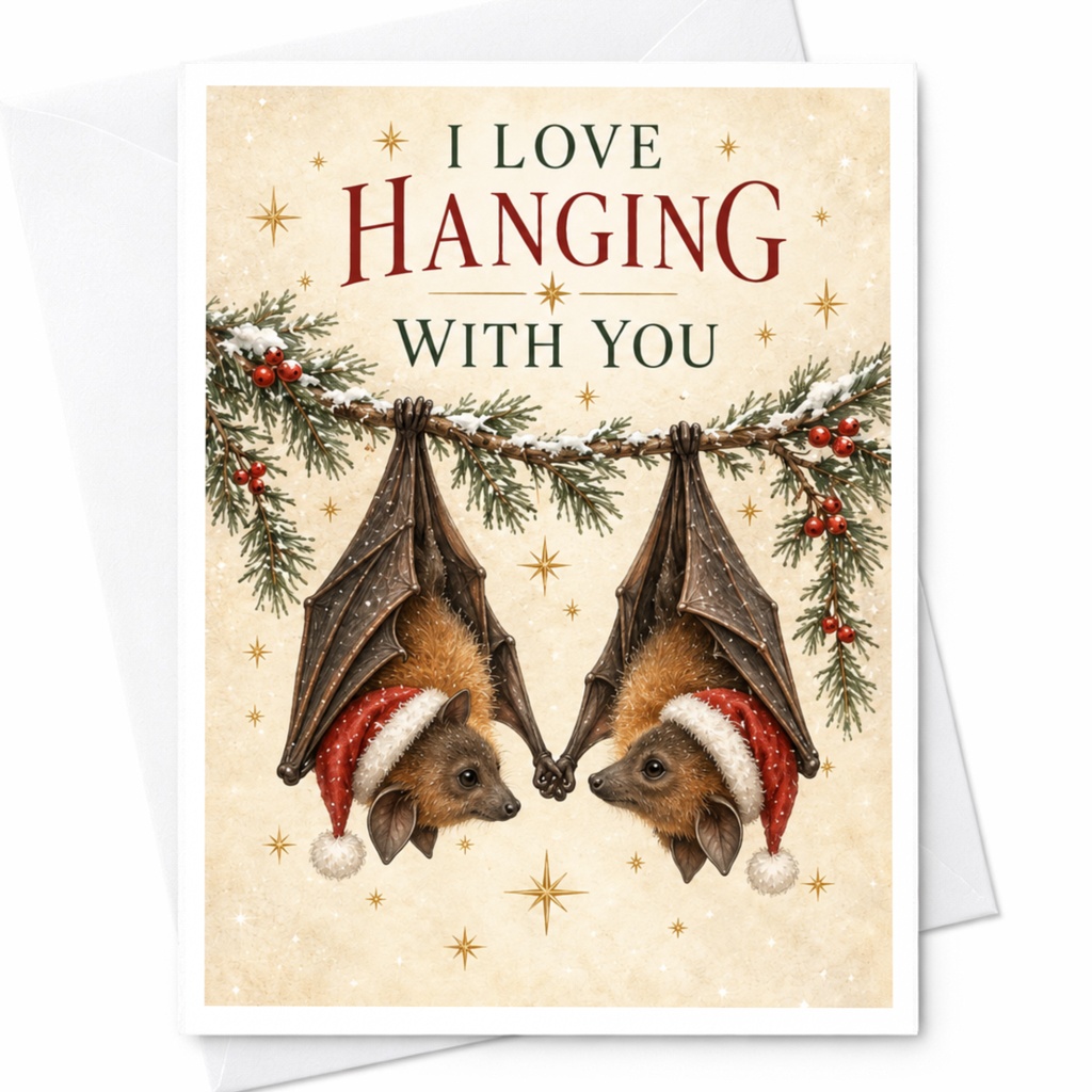 I Love Hanging With You Christmas Card Cute Bats With Santa Hats Holiday Greeting Card For Couple Romantic Winter Card C8648