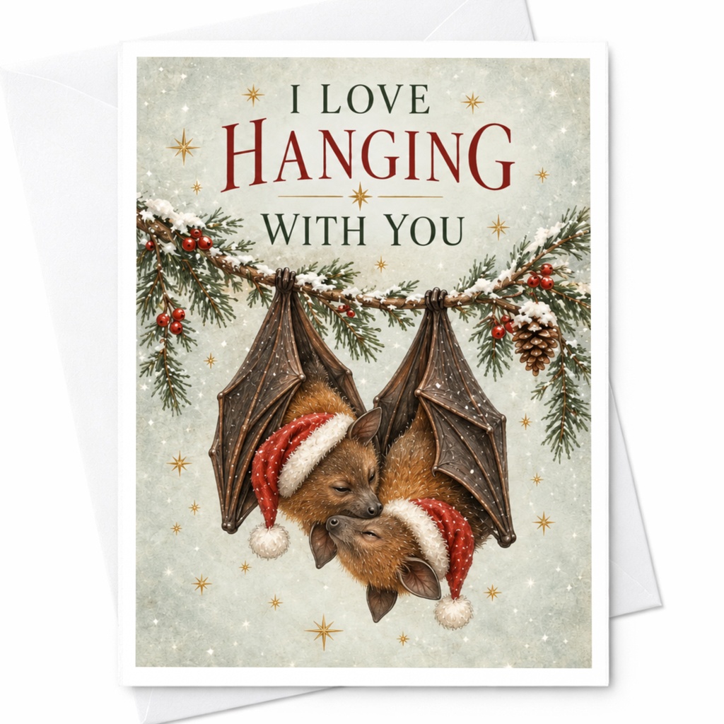 I Love Hanging With You Christmas Card Cute Bats With Santa Hats Holiday Greeting Card For Couple Romantic Winter Card C8649