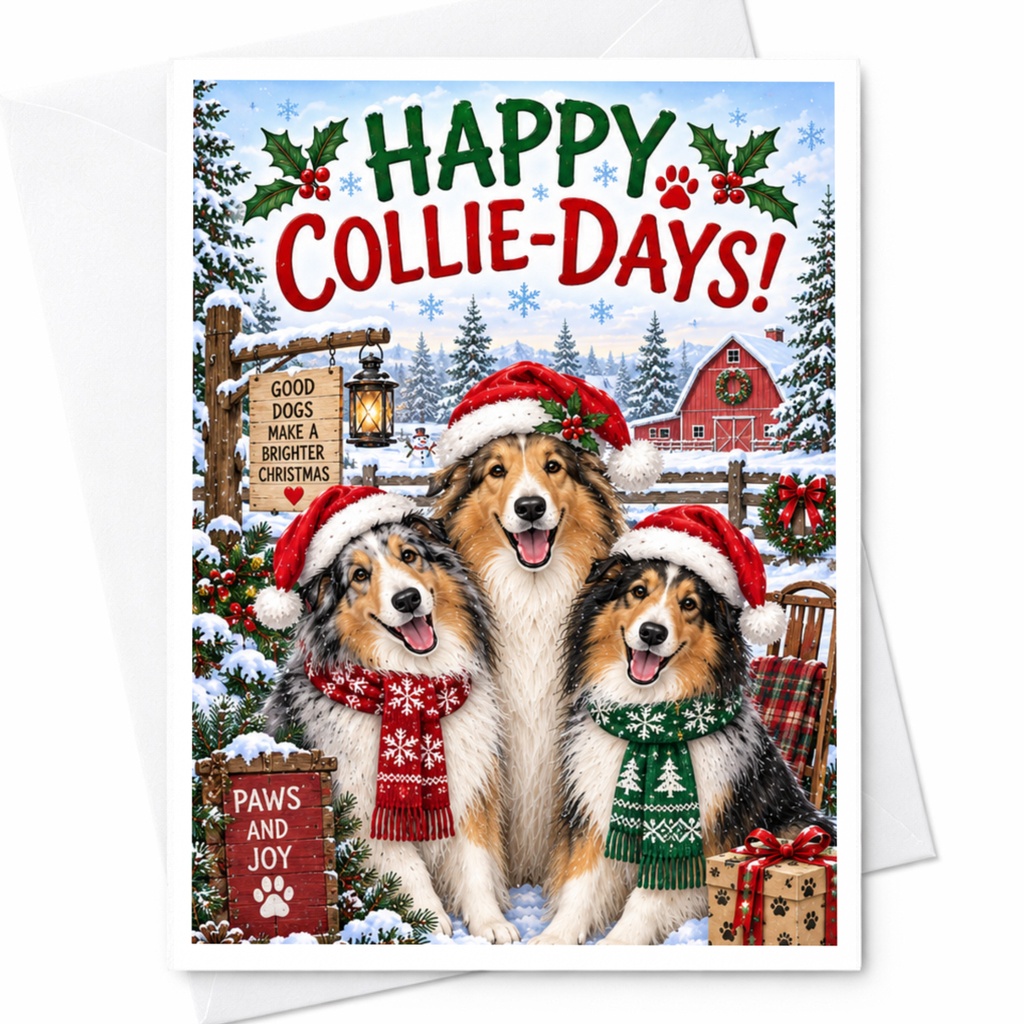 Happy Collie-Days! Christmas Card Cute Dog Lover Holiday Greeting Card With Collies Santa Hats Festive Winter Scene C8650