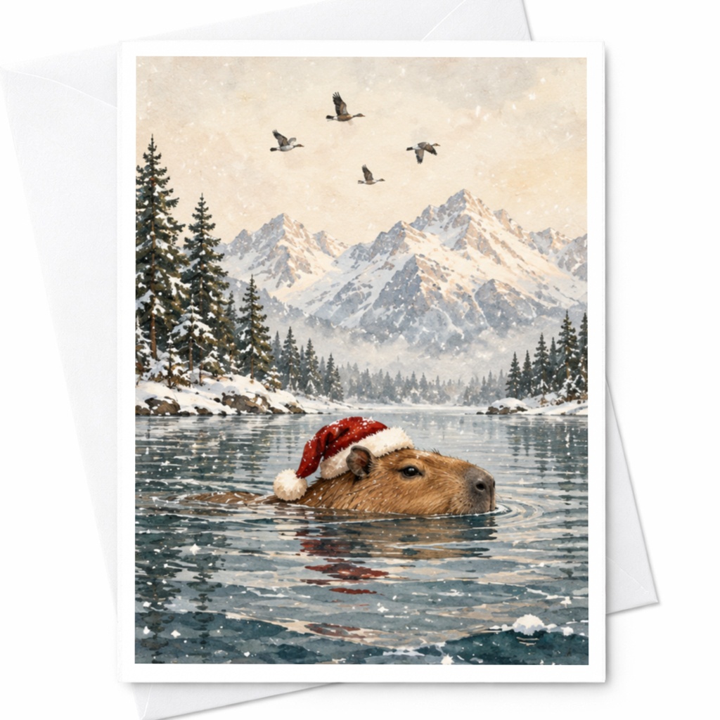 Capybara In Santa Hat Christmas Card Cute Animal Holiday Greeting Card Winter Scene For Animal Lover Festive Card C8652