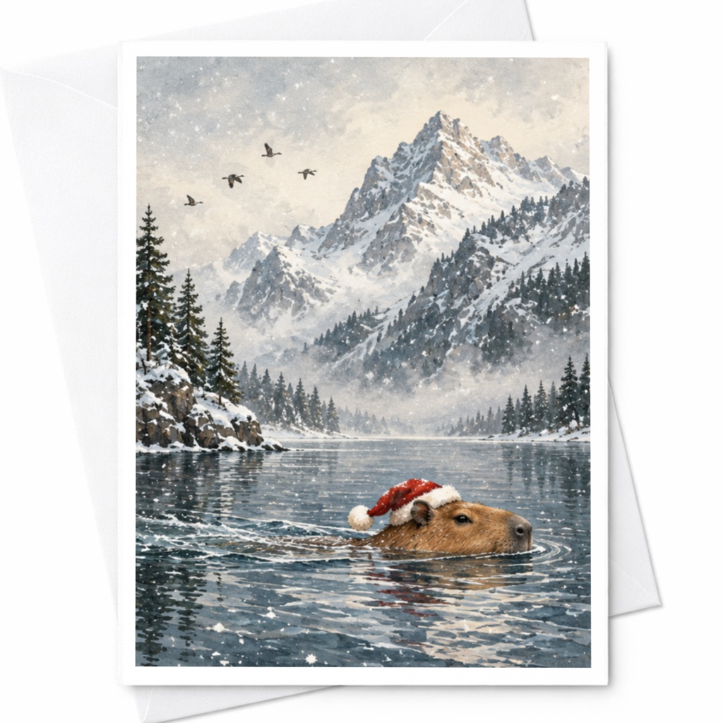 Capybara In Santa Hat Christmas Card Winter Mountain Scene Cute Animal Holiday Greeting Card For Nature Lover C8653