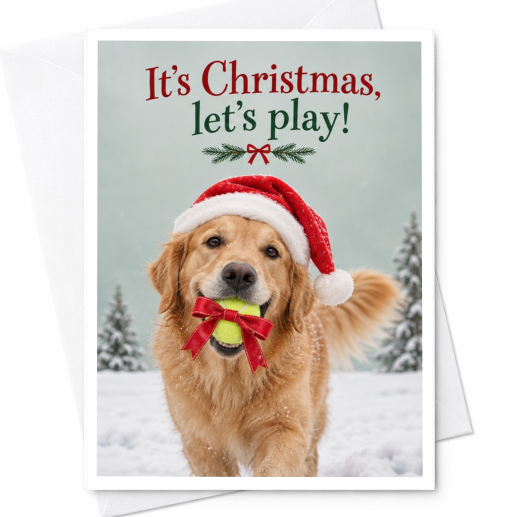 It's Christmas, Let's Play! Cute Dog Christmas Card Santa Hat Tennis Ball Holiday Greeting Card For Dog Lovers C8655