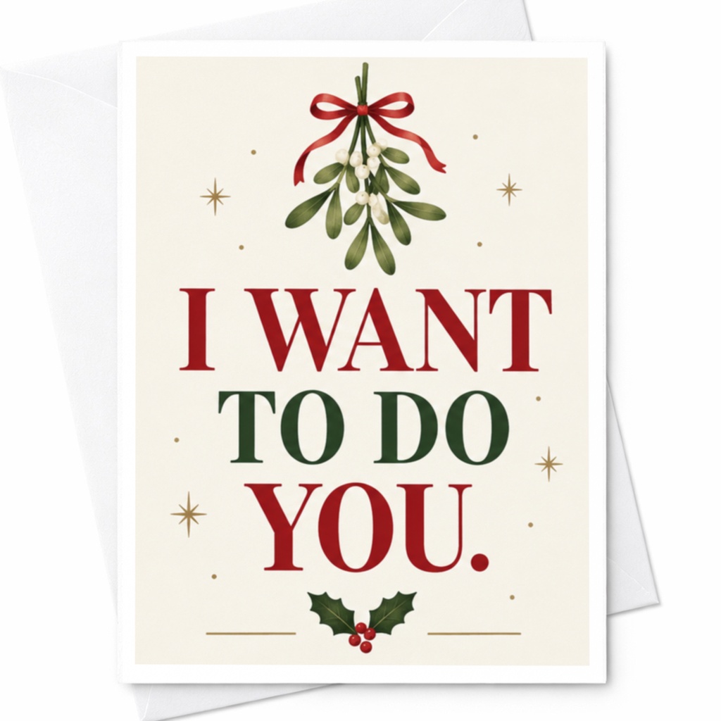 I Want To Do You. Funny Christmas Card Mistletoe Illustration Romantic Holiday Card For Him Her Cute Festive Greeting Card C8656