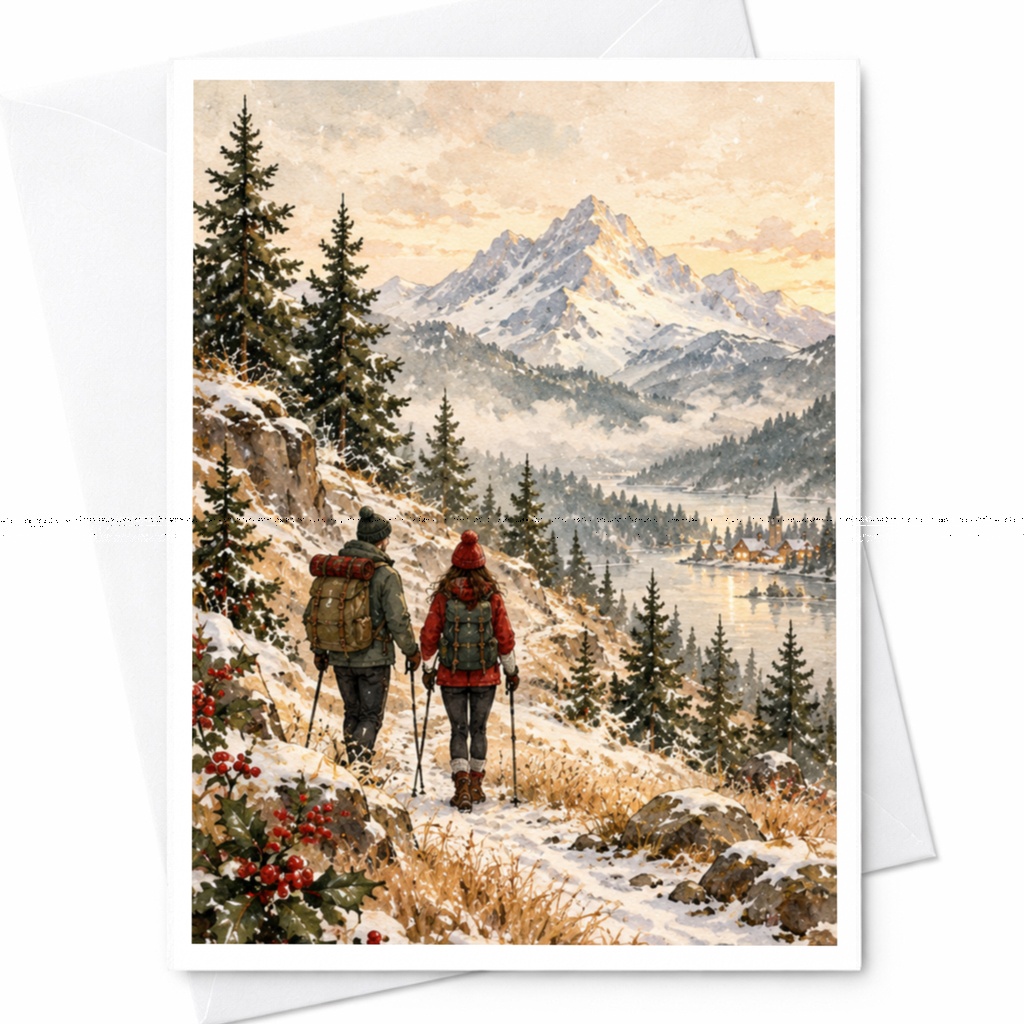 Couple Hiking In Snowy Mountains Blank Greeting Card Nature Adventure Card For Outdoor Lovers Winter Scene Card C8690