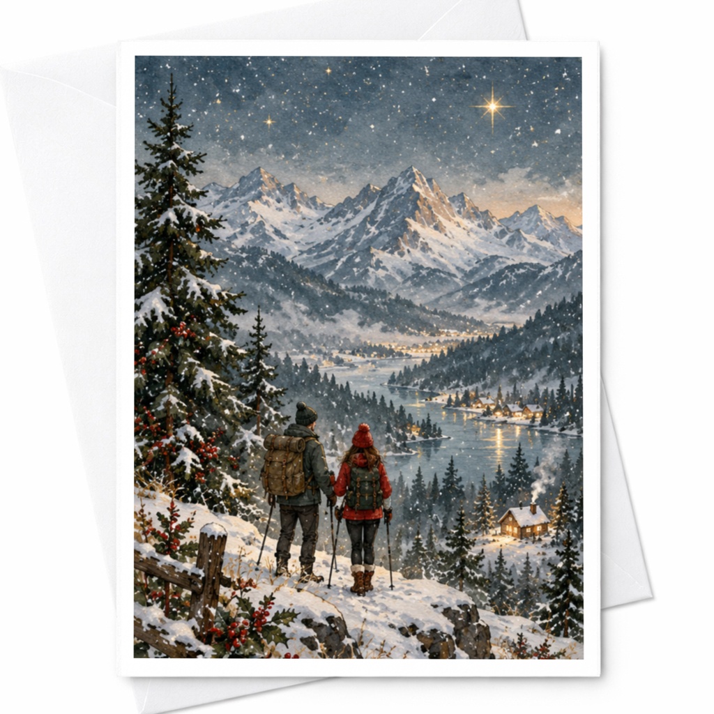 Winter Mountain Scene Greeting Card Blank Note Card For Nature Lovers Romantic Couple Christmas Card Scenic Landscape Art C8691