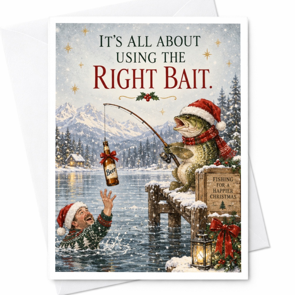 It's All About Using The Right Bait Christmas Card Funny Fishing Holiday Card For Him Beer Lover Xmas Card C8665