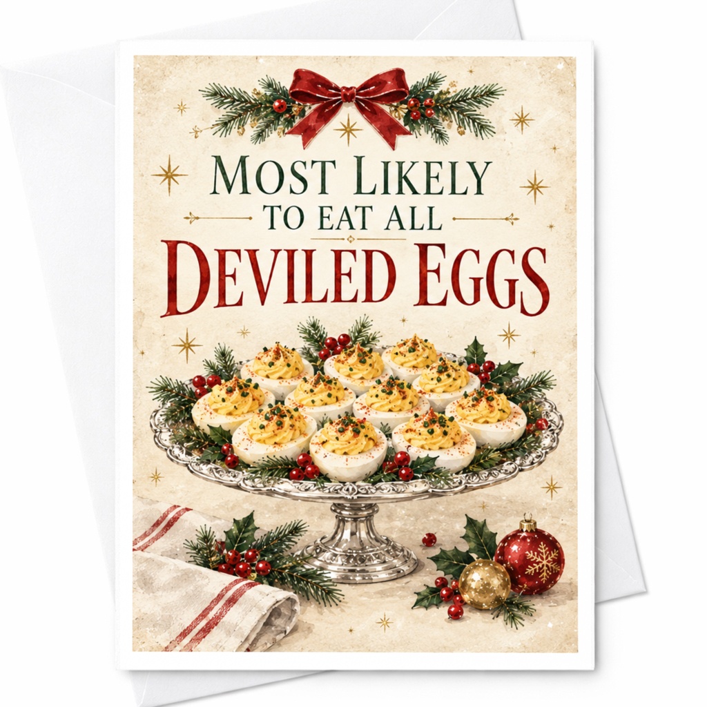 Most Likely To Eat All Deviled Eggs Funny Christmas Card Holiday Greeting Card For Food Lover Festive Deviled Eggs Card C8666