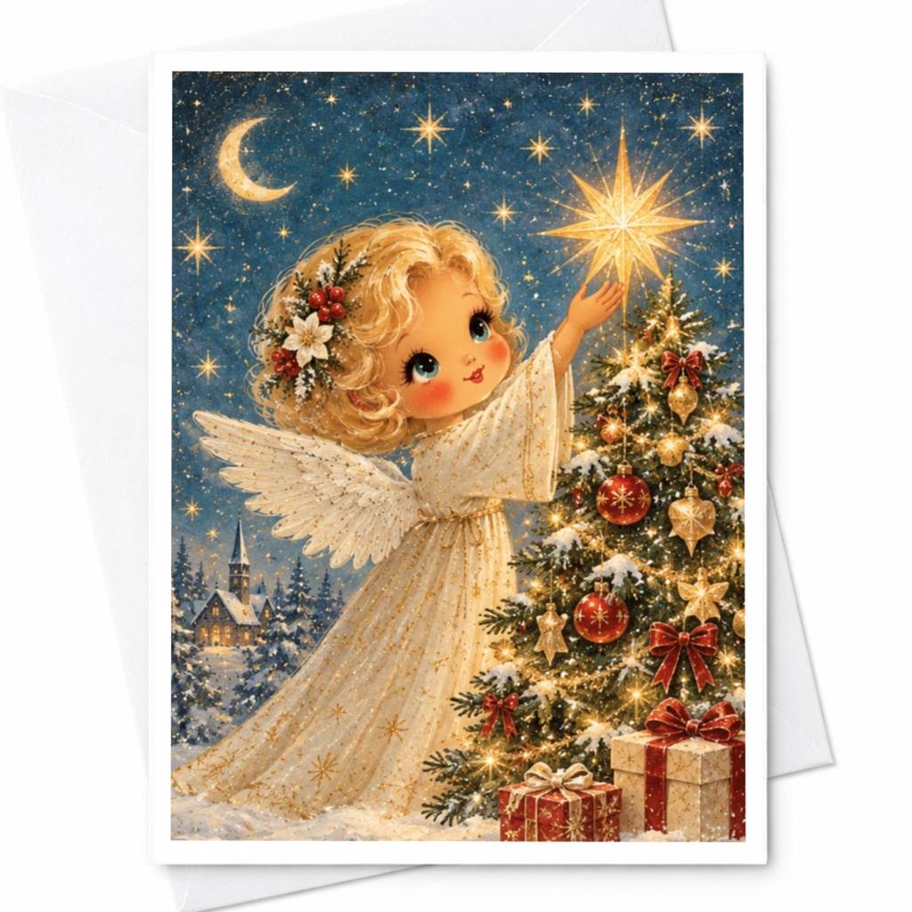 Angel Christmas Card Cute Holiday Greeting Card Vintage Style Christmas Tree Card For Her Festive Winter Scene Card C8693