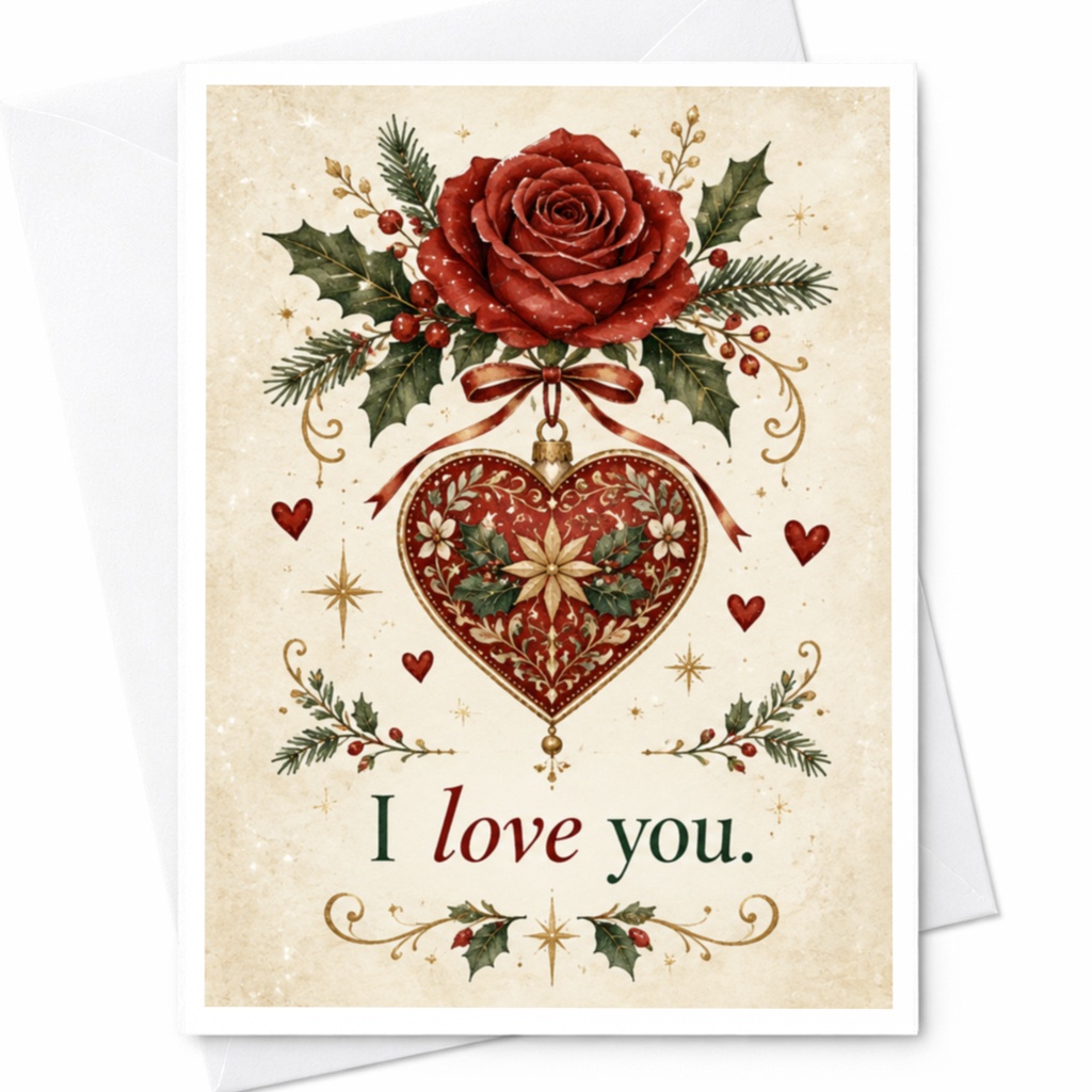 I Love You Romantic Greeting Card Heart Ornament Rose Holly Christmas Love Card For Her Him Anniversary C8694