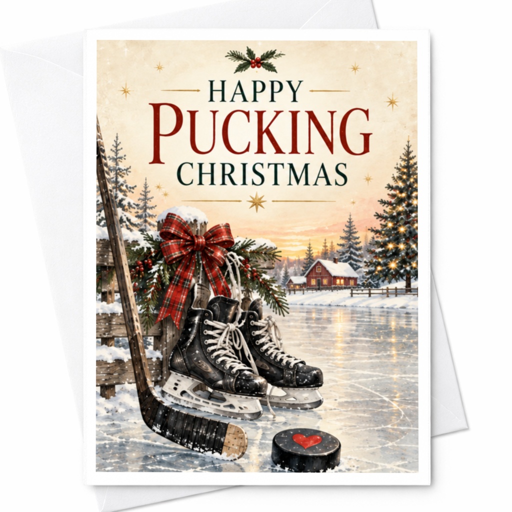 Happy Pucking Christmas Funny Hockey Christmas Card Ice Skating Holiday Card For Him Sports Lover Winter Greeting Card C8670