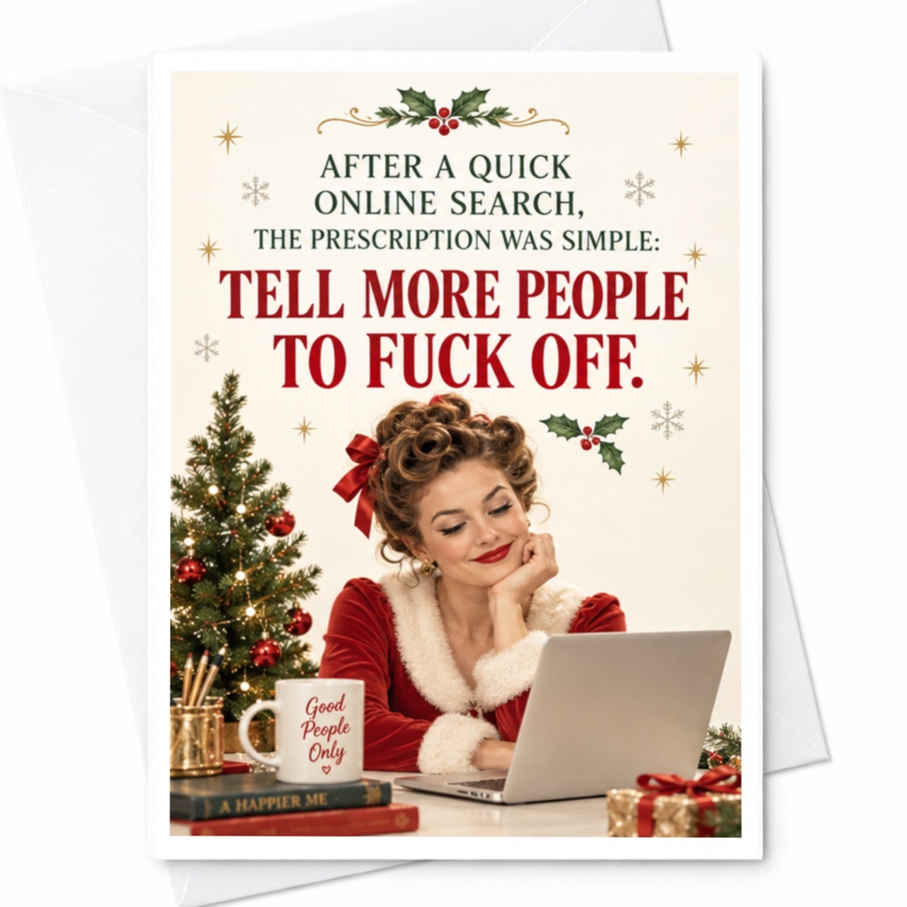 After A Quick Online Search, The Prescription Was Simple: Tell More People To Fuck Off. Funny Christmas Card Retro Holiday G C8696