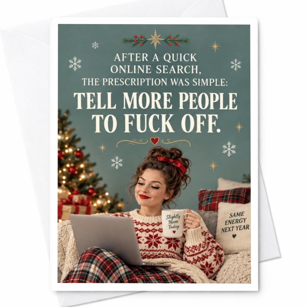 After A Quick Online Search, The Prescription Was Simple: Tell More People To Fuck Off. Funny Christmas Card Holiday Gree C8697