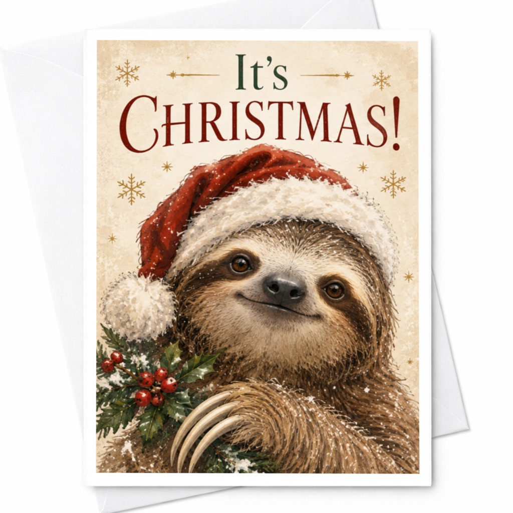 It's Christmas! Cute Sloth Christmas Card Festive Holiday Greeting Card For Animal Lover Adorable Santa Hat C8672