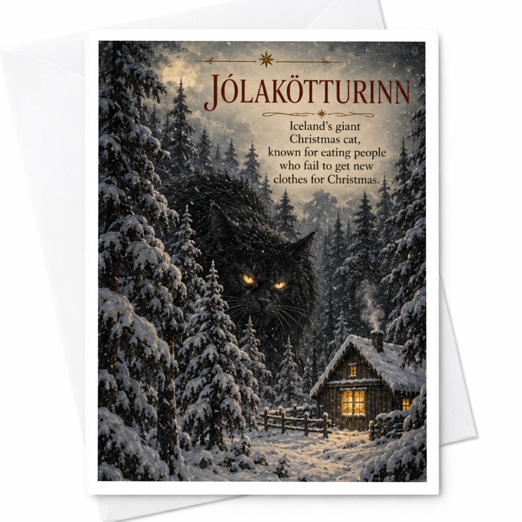 Jólakötturinn Iceland’s Giant Christmas Cat Funny Christmas Card Unique Holiday Greeting Card For Cat Lover Winter Scene C8702