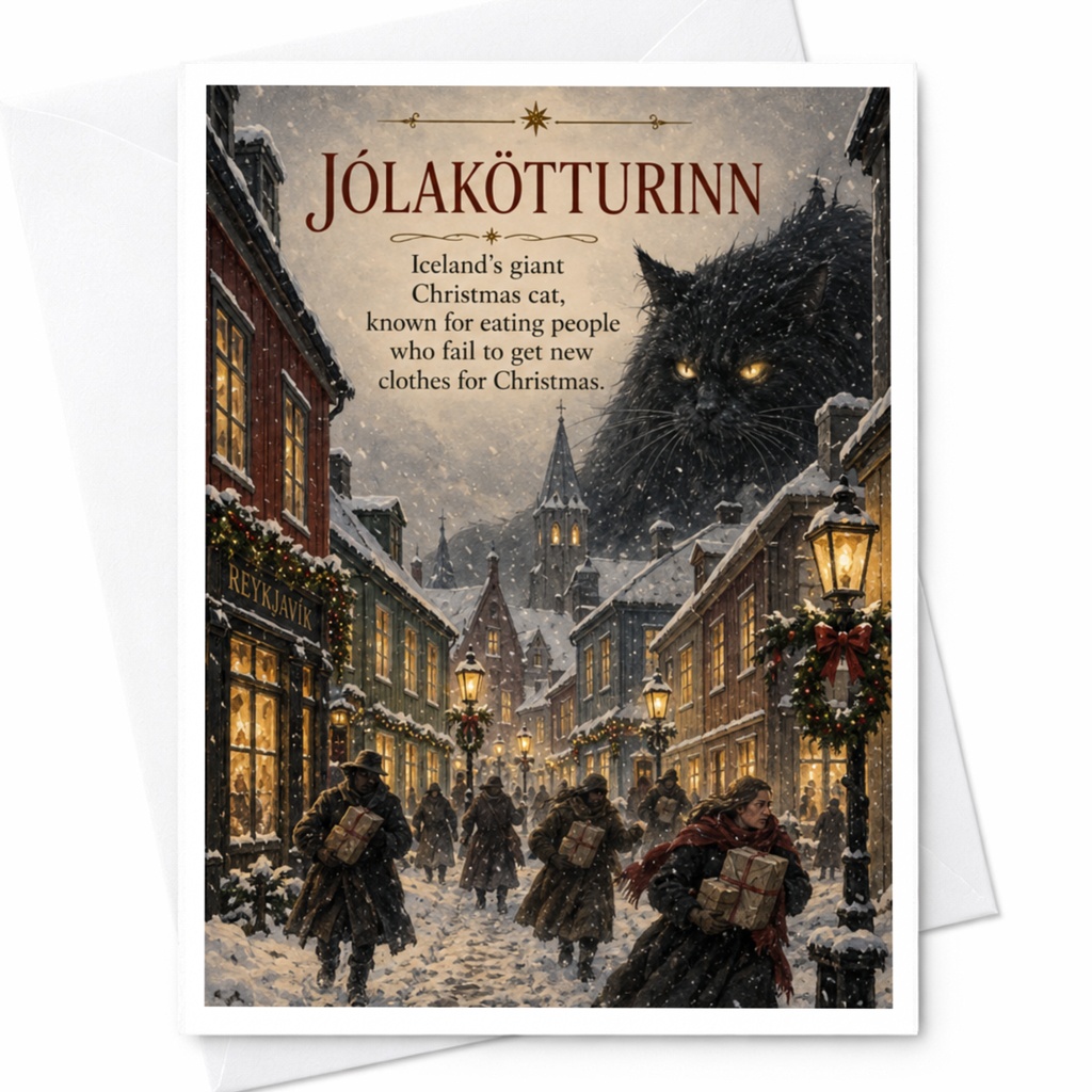 Jólakötturinn Iceland Christmas Cat Card Funny Holiday Greeting Card Unique Christmas Card For Cat Lover Winter Scene C8703