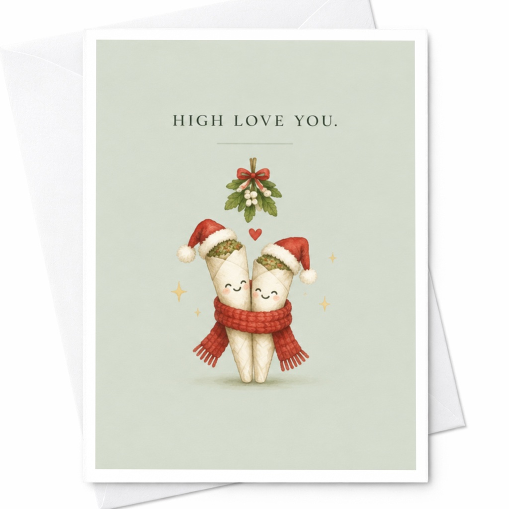 High Love You. Cute Christmas Card Holiday Greeting Card Festive Santa Hat Mistletoe Couple Funny Weed Lover Card C8681