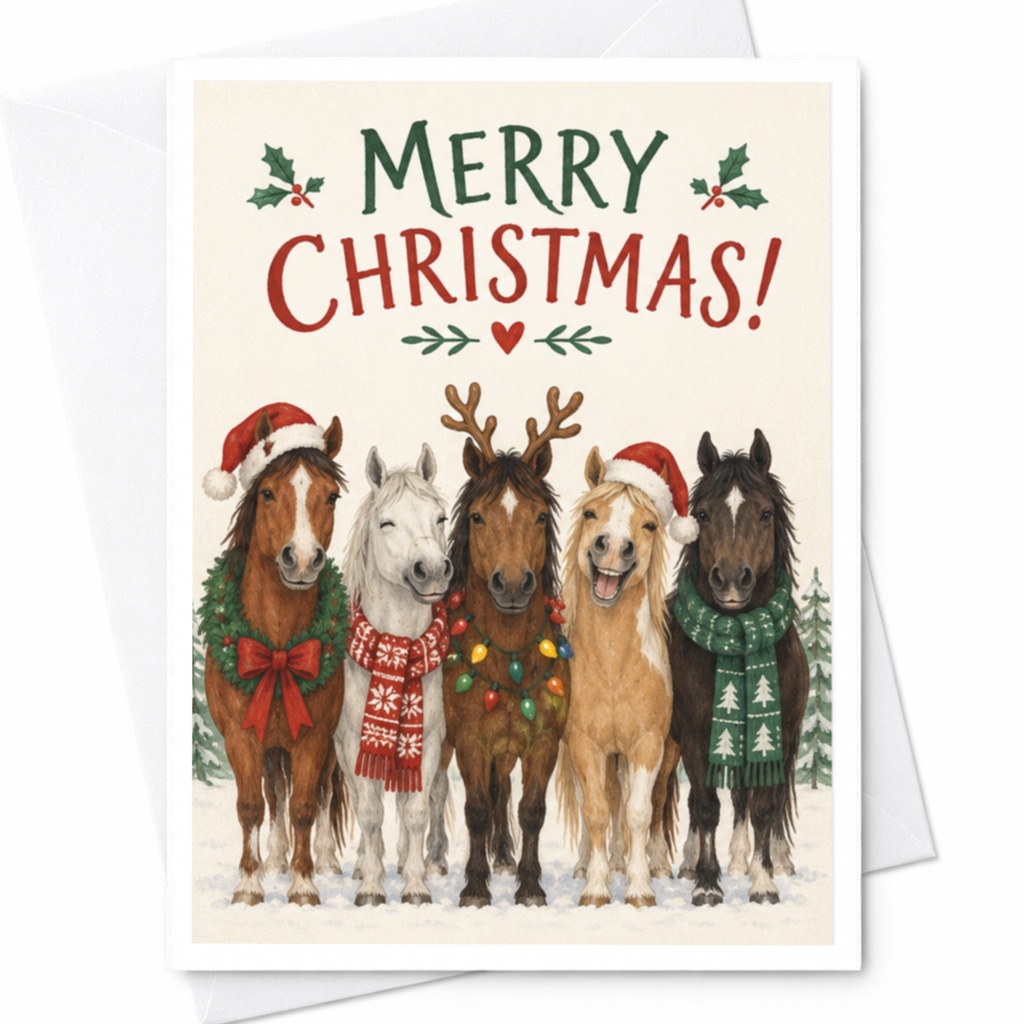 Merry Christmas! Festive Horses Christmas Card Cute Holiday Greeting Card For Horse Lover Animal Lover Seasonal Card C8682