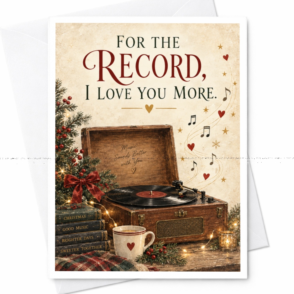 For The Record, I Love You More. Christmas Card Vintage Record Player Holiday Greeting Card Romantic Music Lover C8686