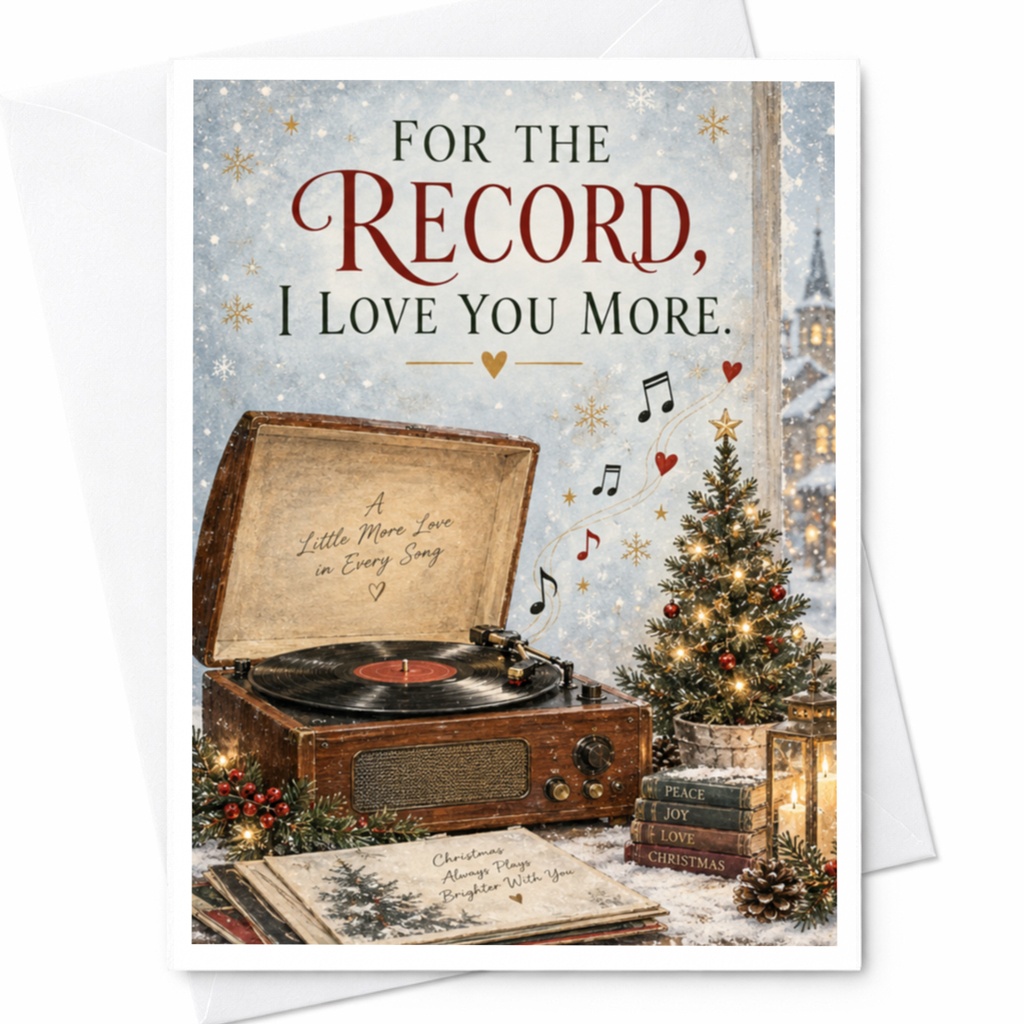 For The Record, I Love You More Christmas Card Romantic Holiday Greeting Card For Partner Cute Record Player C8687