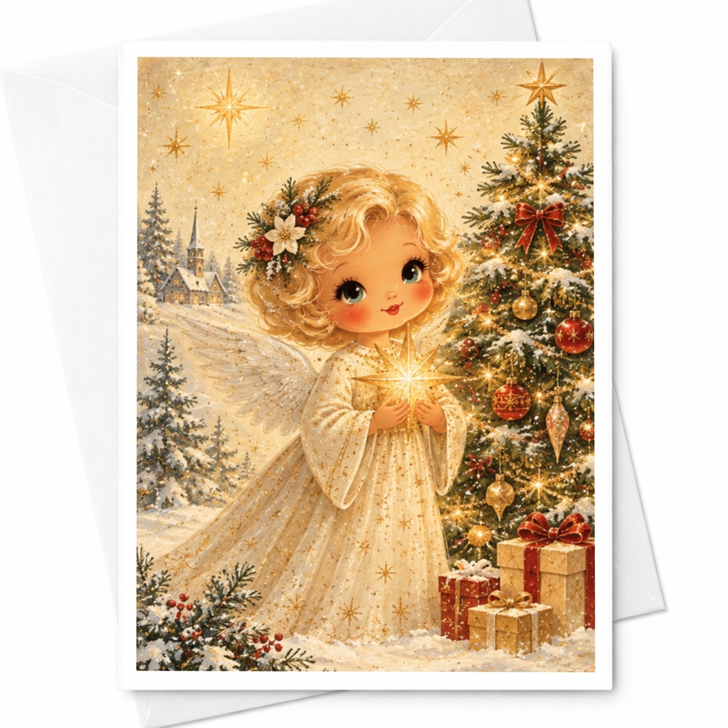 Angel Christmas Card Cute Holiday Greeting Card With Tree And Gifts For Kids Family Festive Season Winter Scene C8692