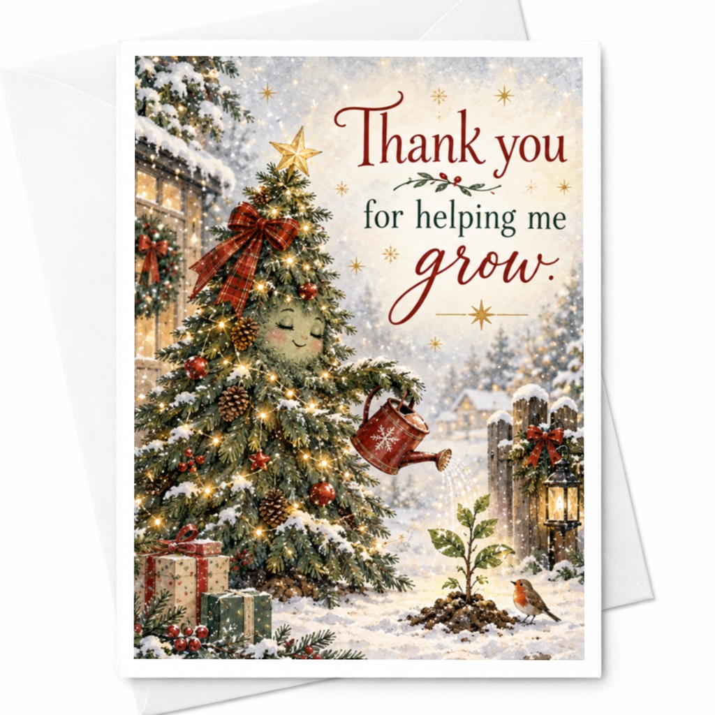 Thank You For Helping Me Grow Christmas Thank You Card Festive Holiday Greeting Card For Teacher Mentor Appreciation C8711