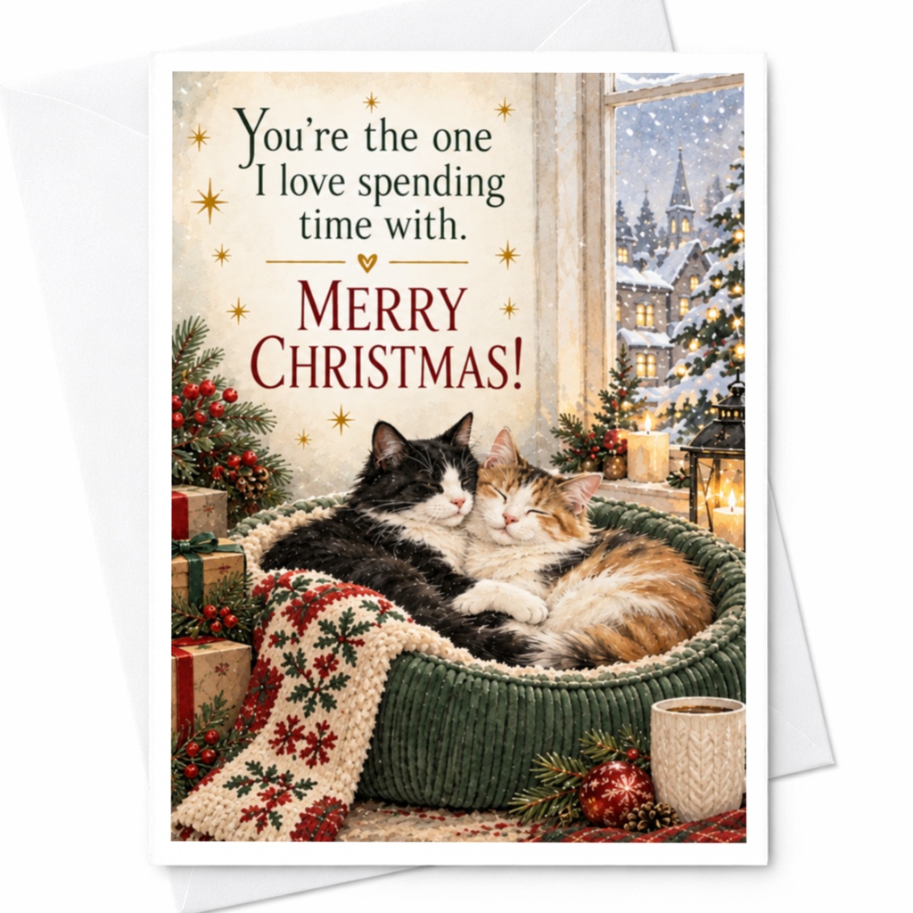 You're The One I Love Spending Time With. Merry Christmas! Cute Christmas Card Cats Cozy Holiday Greeting For Cat Lover C8714