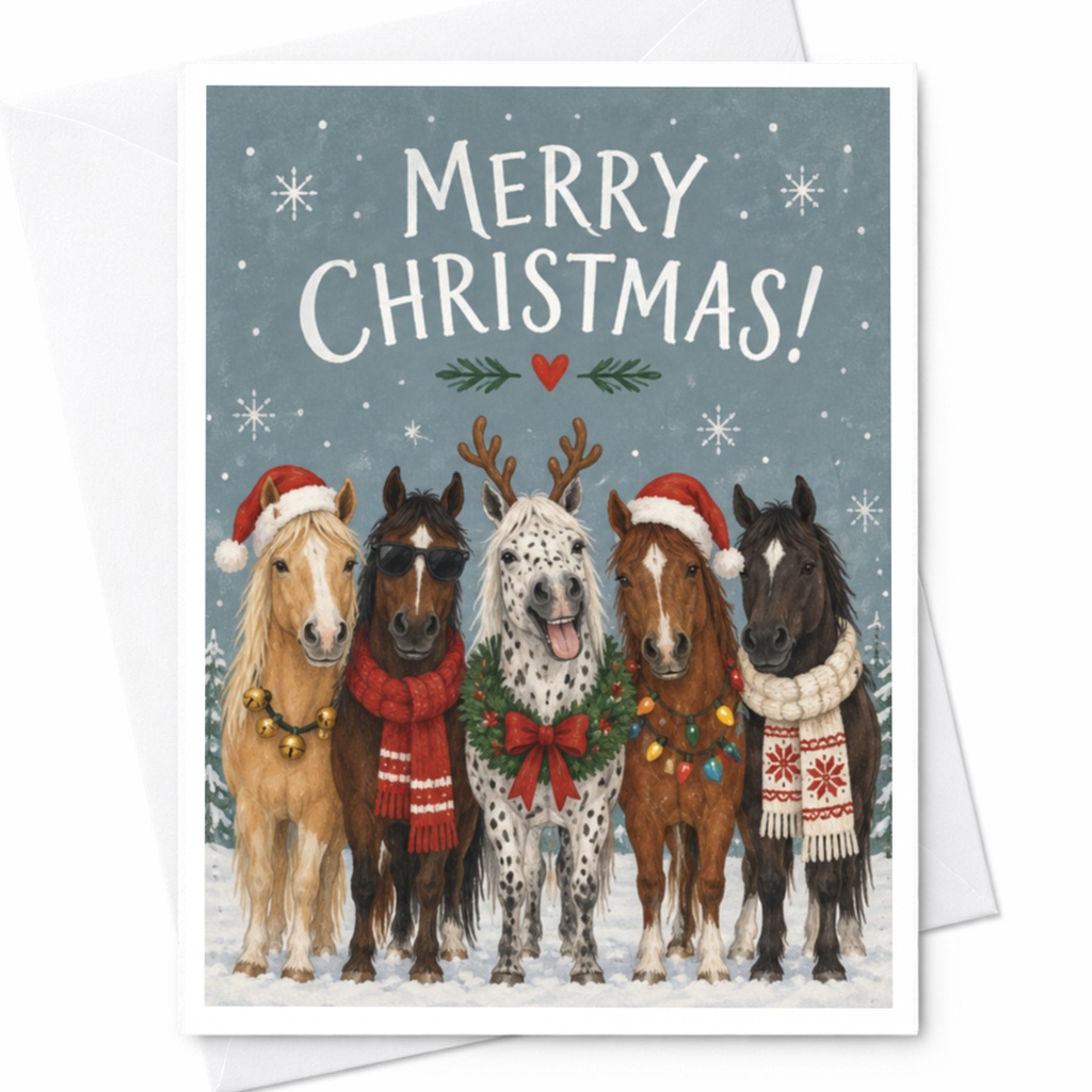 Merry Christmas! Festive Horse Christmas Card Cute Holiday Greeting Card For Animal Lover Winter Snowy Scene C8704