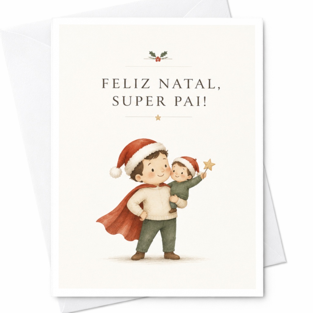 Feliz Natal, Super Pai! Christmas Card Cute Holiday Greeting Card For Dad From Kids Santa Hat Father Child C8707