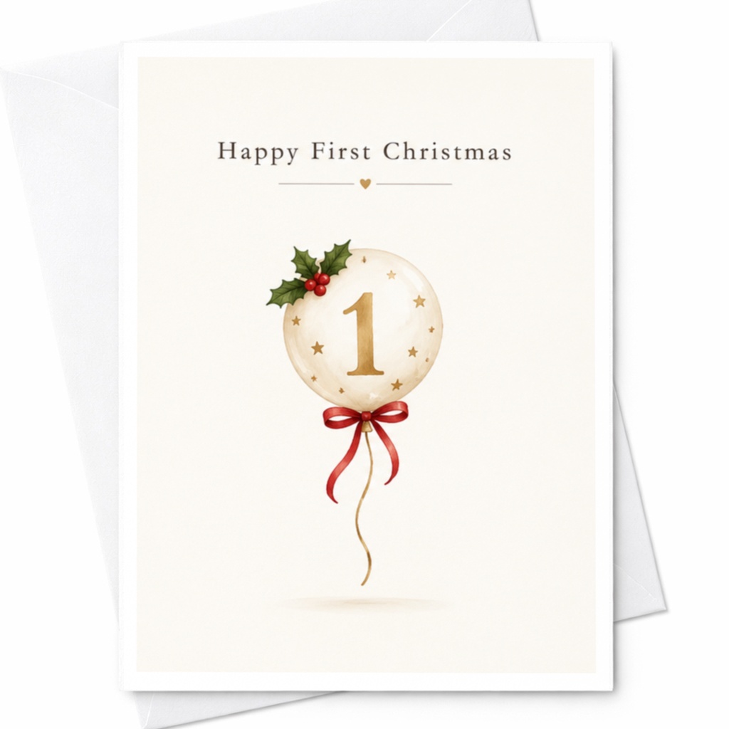 Happy First Christmas Card Cute Balloon With Holly 1st Christmas Card For Baby's First Christmas Holiday Greeting Card C8709