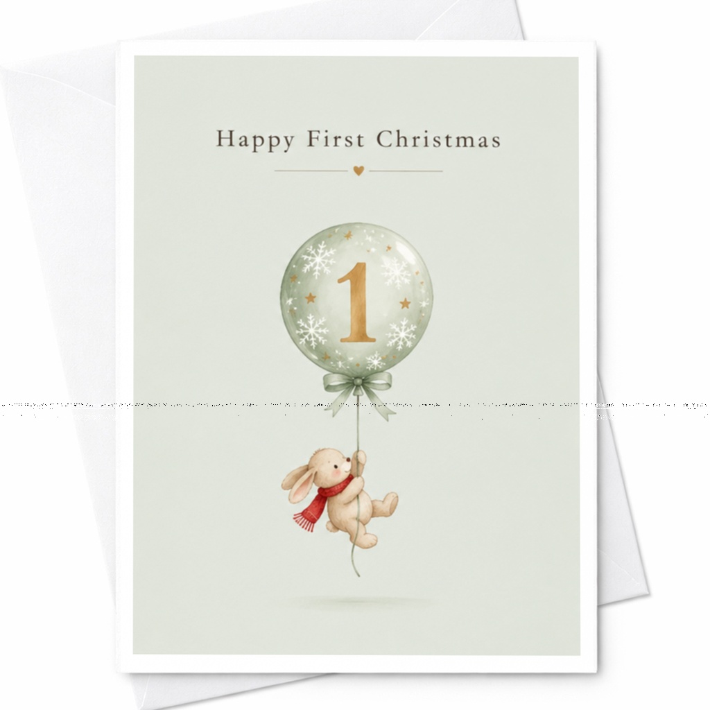 Happy First Christmas Card Cute Bunny Balloon 1st Christmas Card For Baby's First Christmas Adorable Holiday Greeting Card C8710