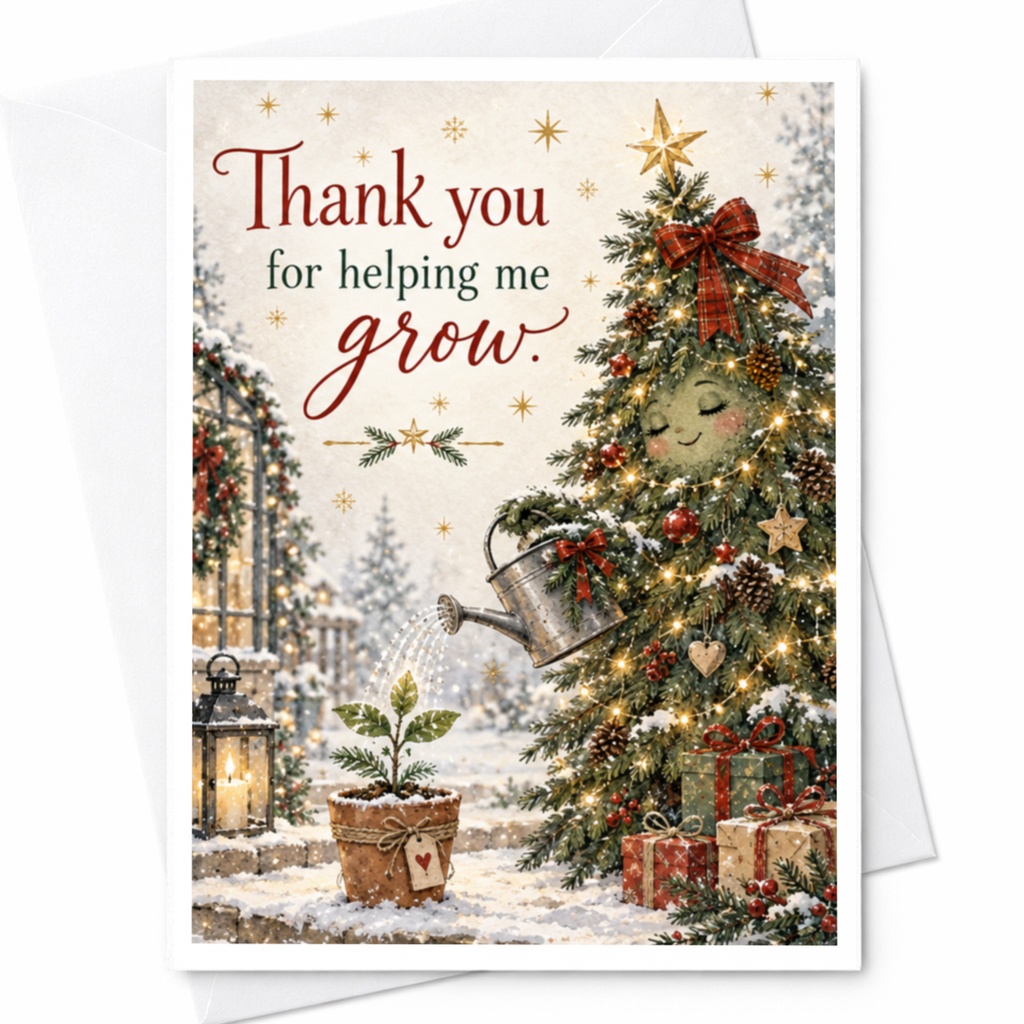Thank You For Helping Me Grow Christmas Card Holiday Greeting Card For Teacher Mentor Appreciation Cute Festive C8712