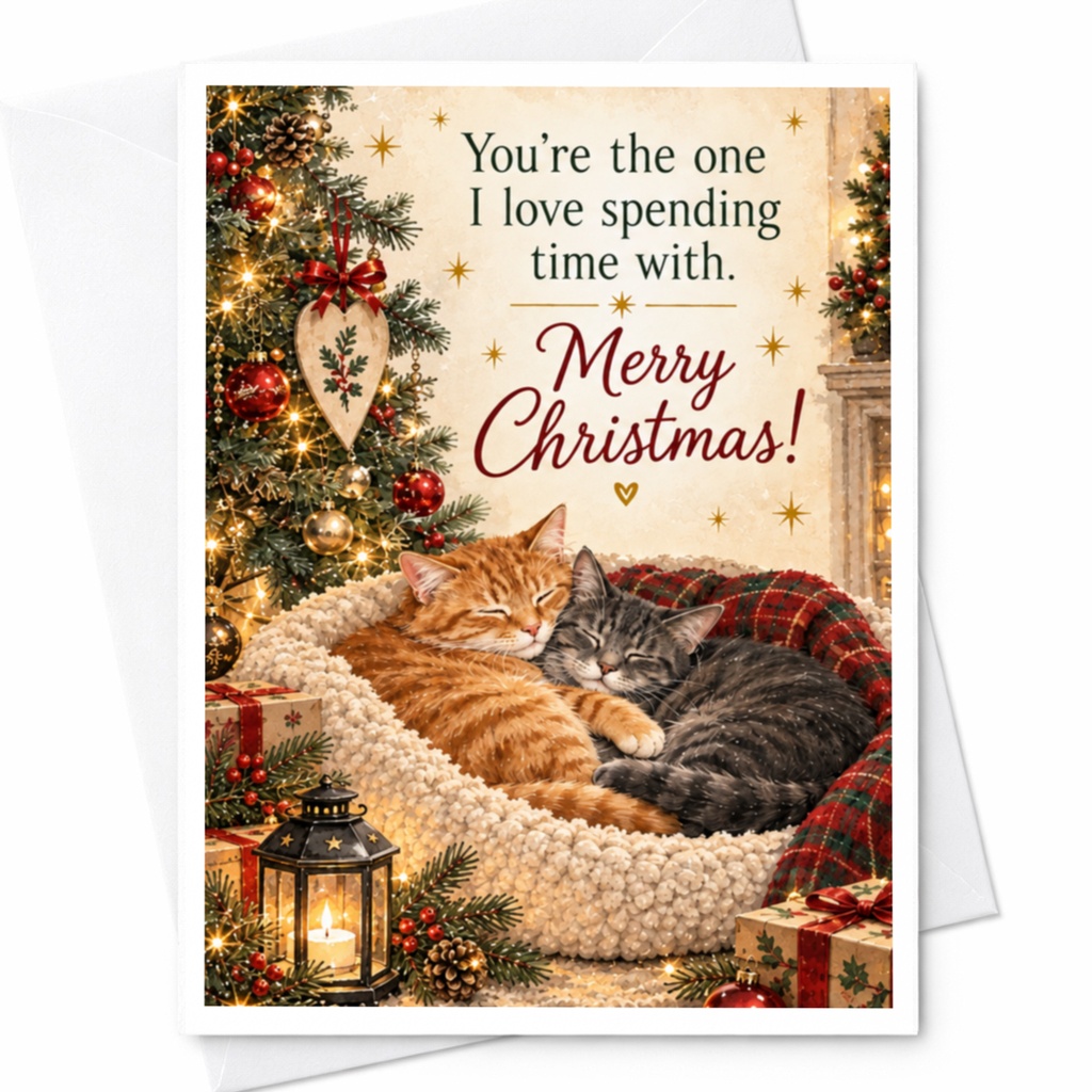 You're The One I Love Spending Time With. Merry Christmas! Cute Christmas Card Cats Cozy Holiday Greeting Card For Cat Lover C8713