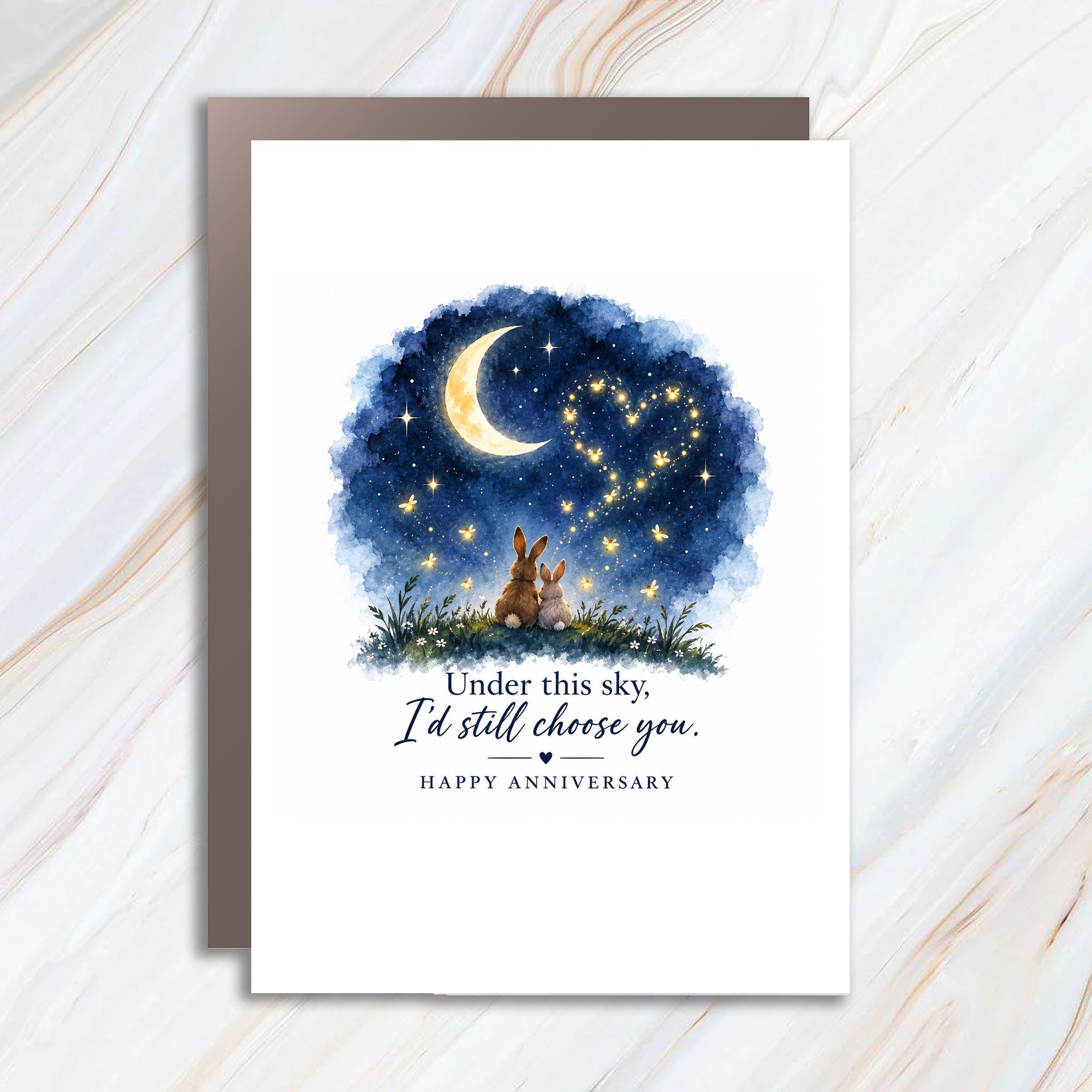 Under This Sky, I'd Still Choose You. Happy Anniversary Card Romantic Couple Love Bunnies Starry Night Cute Greeting Card C1211
