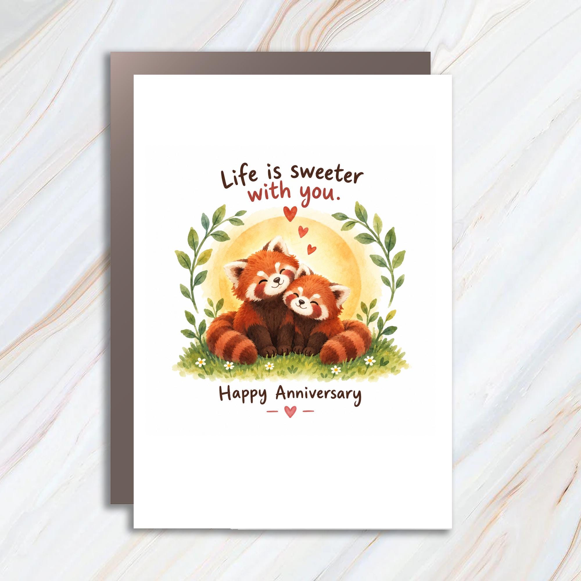 Life Is Sweeter With You. Happy Anniversary Card Cute Red Panda Couple Romantic Greeting Card For Wife Husband Love C1207