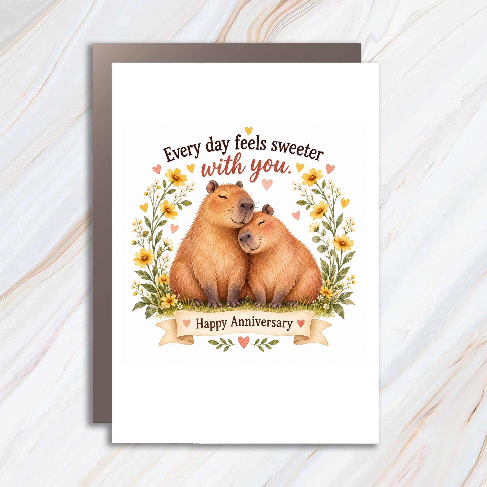 Every Day Feels Sweeter With You Happy Anniversary Card Cute Capybara Couple Floral Romantic Greeting Card For Wife Husband C1226